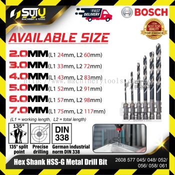 BOSCH 2608577045/ 048/ 052/ 056/ 058/ 061 Hex Shank HSS-G Metal Drill Bit (2.0-7.0mm)