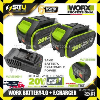 WORX WA3595 20V 4.0Ah Battery with WA3924 20V 2.0A Fast Charger Set