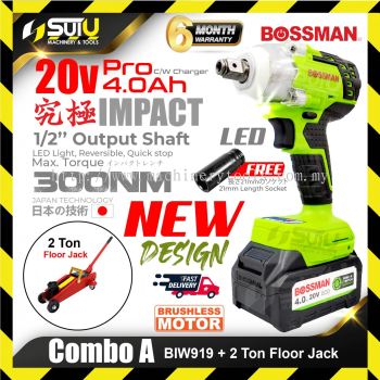 [COMBO A] BOSSMAN ECO-Series BIW919 1/2" Cordless Brushless Impact Wrench + 2 Ton Floor Jack
