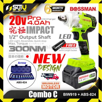 Combo C BOSSMAN ECO-Series BIW919 1/2" Cordless Brushless Impact Wrench + ARROW ABS-824 Socket Wrench Set