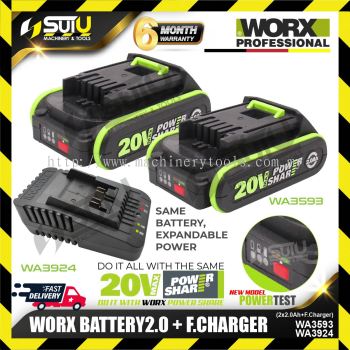 WORX WA3593 20V 2.0Ah Battery with WA3924 20V 2.0A Fast Charger 40W Set