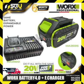 WORX WA3595 20V 4.0Ah Battery with WA3922 20V 6.0A Fast Charger 160W Set 