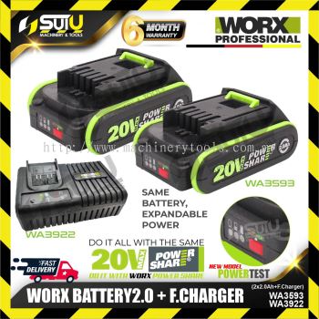 WORX WA3593 20V 2.0Ah Battery with WA3922 20V 6.0A Fast Charger 160W Set