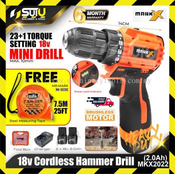 MARK X MKX-2022 18V Mini Brushless Compact Cordless Hammer Drill+2xBatt2.0Ah+Charger+Measuring Tape