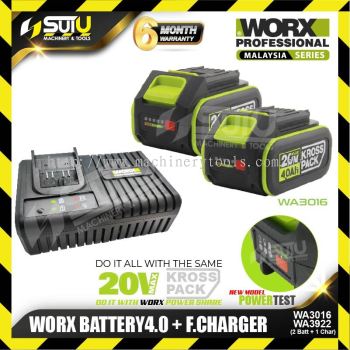 [CLEARANCE] WORX WA3016 20V 4.0Ah Kross Pack Battery & WA3922 6.0A Fast Charger 160W (SET)