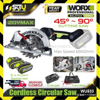 WORX WU533 20V 120MM Brushless Cordless Circular Saw / Cutting Saw 69000RPM w/ 2 x Batteries 4.0Ah + Charger