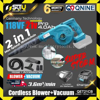 Q9 QET21CB 2in1 21V Cordless Blower / Vacuum 18000RPM w/ 1 x Battery 4.0Ah + Charger + Accessories