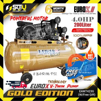 EUROX GOLD EAW-7423 / EAW7423 / EAW7423G 200L 4HP 8BAR Air Compressor 1050RPM w/ Free Gift