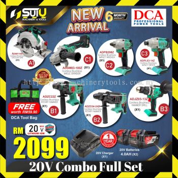 DCA 20V CORDLESS BRUSHLESS COMBO FULL SET ADMY165+ADSM03-100+ADPB298+ADPL03-14+ADZC22+ADZC04-24+ADJZ03-13 +2Batt+ 1Char