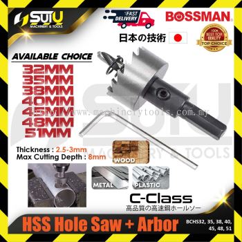 BOSSMAN BCHS32/ 35/ 38/ 40/ 45/ 48/ 51 1PCS 32MM-51MM HSS Hole Saw + Arbor (C-Class)