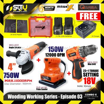 [SET E] WOOD WORKING SERIES - COMBO SERIES 03 QUASA SVP-44180 Palm Sander + MARK X MKX-4031 4" Angle Grinder + MKX-2022 Mini Brushless Compact Cordless Hammer Drill
