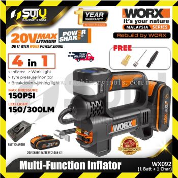 WORX WX092 20V 4in1 Multi-Function Inflator 300LM with 3 Bits + 1 x Battery 2.0Ah + Charger