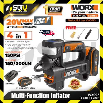 WORX WX092 20V 4in1 Multi-Function Inflator 300LM with 3 Bits + 1 x Battery 4.0Ah + Charger