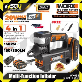 WORX WX092 20V 4in1 Multi-Function Inflator 300LM with 3 Bits + 2 x Batteries 4.0Ah + Charger