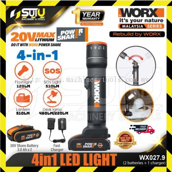WORX WX027.9 20V 4IN1 LED Light / LED Torch 510LM w/ 2 x Batteries 2.0Ah + Charger