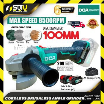 [SET] DCA ADSM03-100 / ADSM03100 / ADSM03-100EM 20V 4" Cordless Brushless Angle Grinder 8500RPM + 2 x Batteries 4.0Ah + Charger