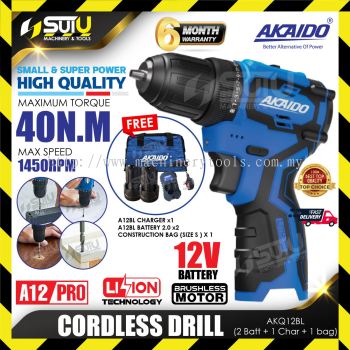 AKAIDO AKQ12BL 12V 40NM Brushless Cordless Drill 1450RPM w/ 2 x Batteries 2.0Ah + Charger + Bag
