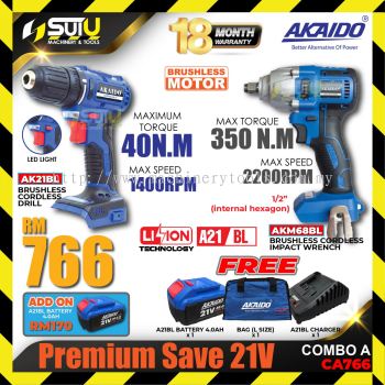 AKAIDO CA766 Premium Save 21V Combo A AK21BL Brushless Cordless Drill + AKM68BL Cordless Brushless Impact Wrench