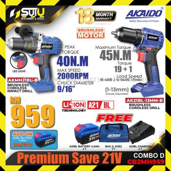 AKAIDO CB2MH959 Premium Save 21V COMBO D AKMH21BL-B Cordless Impact Drill + AK21BL-13MM-B Cordless Drill