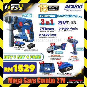 [BUY 1 GET 4 FREE] AKAIDO A21BL-20BL720 Mega Save Combo 21V AKMD20BL + AKM100BL + AK21BL + 3 x Batt + 1 x Char + 1 x Bag