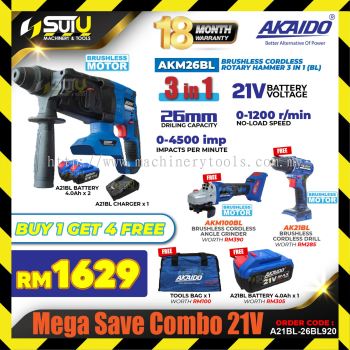 [BUY 1 GET 4 FREE] AKAIDO A21BL-26BL920 Mega Save Combo 21V AKM26BL + AKM100BL + AK21BL + 3 x Batt + 1 x Char + 1 x Bag