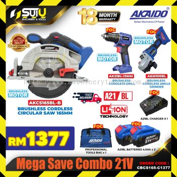 AKAIDO CBCS165-C1377 Mega Save Combo 21V AKCS165BL-B + AKM100BL + AK21BL-13MM + 2 x Batt 4.0Ah + 1 x Char + 1 x Bag