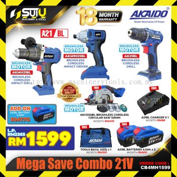 AKAIDO CB4MH1599 Mega Save Combo 21V AKMH21BL + AKM9021BL + AK21BL + AKCS125BL with 4.0Ah Battery + Charger + Tools Bag