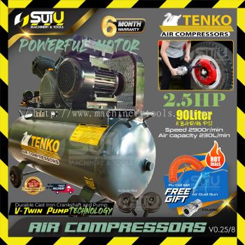 TENKO V-0.25 / V0.25 / V-0.25/8 90L 2.5HP 8Bar Air-Cooled Air Compressor 1.8kW 2900RPM + Free Gift