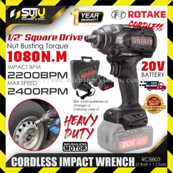 ROTAKE RC8803 20V 1080NM 1/2" Brushless Cordless Impact Wrench 2400RPM 2200BPM w/ 2 x Batteries 4.0Ah + Charger + Case