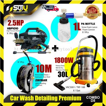 [COMBO D8] Car Wash Detailing Premium Combo (HBP1010 + 1L Foam Cannon + 10M Retractable Hose Reel + VAC5001 / TKF-188 Vacuum)