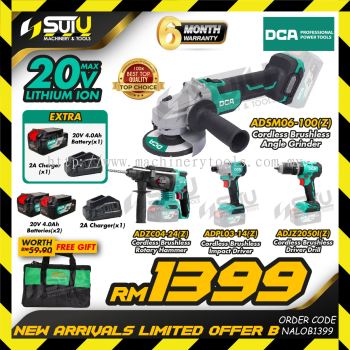 [LIMITED OFFER B] DCA NEW ARRIVAL LIMIT COMBO B ADSM06-100Z Angle Grinder + ADZC04-24Z Rotary Hammer + ADPL03-14Z Impact Driver + ADJZ2050IZ Driver Drill + 3xBatt + 2xChar