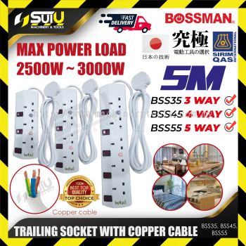 BOSSMAN BSS35 / BSS45 / BSS55 5M 3~5Way Full SIRIM Trailing Socket With 0.75MM Copper Cabl