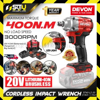 [SET] DEVON 5760-LI-20 20V 400NM 1/2" Brushless Cordless Impact Wrench / Sepana Impak / 綯 w/ 2xBat4.0Ah + Charger