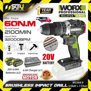 [2BAT+CHAR] WORX WU369.9 / WU369 20V Brushless Cordless Impact Drill w/ 1Bat4.0 + Charger