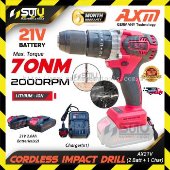 AXM AX21V / AX21V-13MM 13MM 70NM Cordless Impact Drill c/w 2Bat2.0Ah + Charger