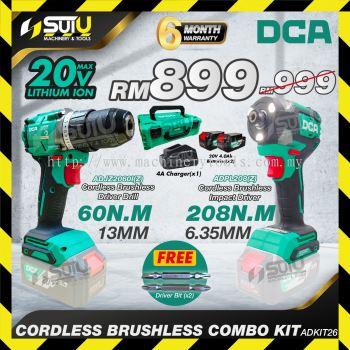 DCA ADKIT26 Brushless Cordless Combo Kit ADJZ2060I Driver Drill + ADPL208 Impact Driver w/ 2 x Batteries 4.0Ah + 1 x Charger 