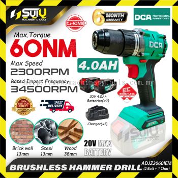 [2BAT + CHAR SET] DCA ADJZ2060I / ADJZ2060IEM 20V 60NM Brushless Cordless Driver / Hammer Drill w/ 2 Batteries 4.0Ah + 1 x Charger