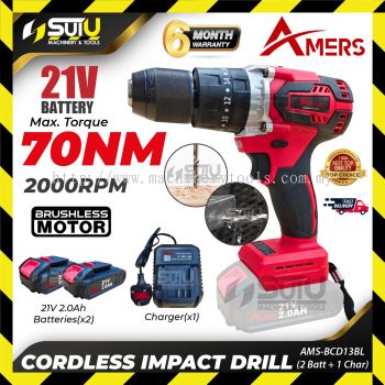 AMERS AMS-BCD13BL / BCD13BL 21V 70NM Cordless Impact Drill 2000RPM w/ 2 x Batt 2.0Ah + Charger