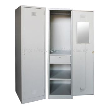 SCM-0002 1 Compartment Steel Locker with Steel Swinging Door C/W 1 Cloth Hanging Bar, 1 Mirror, 1 Centre Drawer with Camlock & 1 Fixed Shelf at Bottom