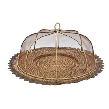 Food Cover Round Net w. Rattan Tray
