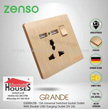 Zenso - Grande Series 13A Universal Switched Socket Outlet With Double USB Charging Outlet (5V 2A) - Gold G3089USB