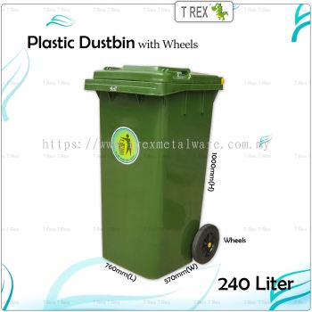 240L Plastic Dustbin / Garbage Bins with Wheels / Tong Sampah Beroda (Green)