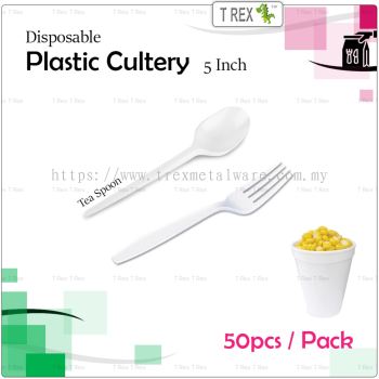 [ECON] 50pcs Disposable Plastic Tea Spoon / Plastic Fork - 5 Inch - White