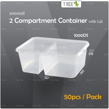 50pcs [1000DS] 2 Compartment Rectangular Plastic Disposable Food Container 1000ml