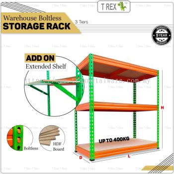 T Rex Warehouse 3 Tiers Boltless Storage Rack - Orange & Green