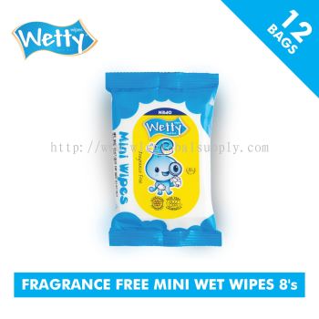 Wetty Fragrance Free Mini Wet Wipes 8 PCS x 12 Bags
