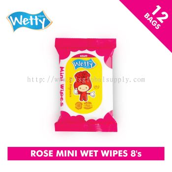 Wetty Rose Mini Wet Wipes 8 PCS x 12 Bags 