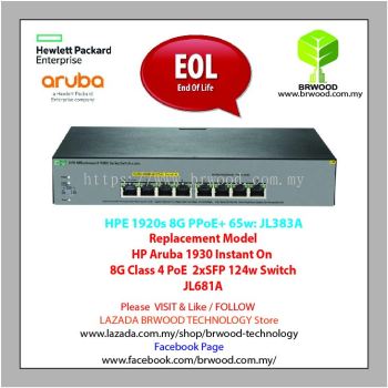 HPE JL383A: OfficeConnect 1920S 8G PPoE+ 65W 8 ports 10/100/1000 Mbps c/w port 1 thru 4 PoE+/PoE Switch