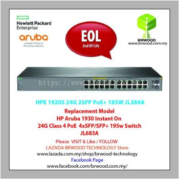 HPE JL384A: OfficeConnect 1920S 24G 2SFP PPoE+ 185W 24 port 10/100/1000 Mbps port 1 thru 12 w/ PoE+/PoE c/w 2 SFP Switch