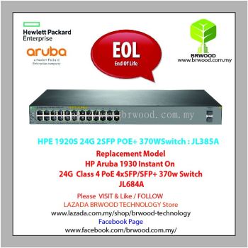 HPE JL385A: OfficeConnect 1920S 24G 2SFP PoE+ 370W 24 port 10/100/1000 Mbps PoE/PoE+ c/w 2 SFP Switch